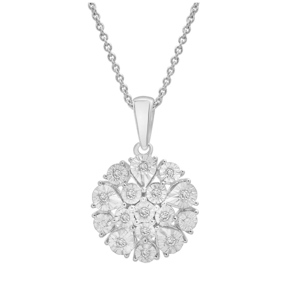 Diamond Flower Burst Cluster 18" Pendant Necklace in Sterling Silver - Picture 4 of 16
